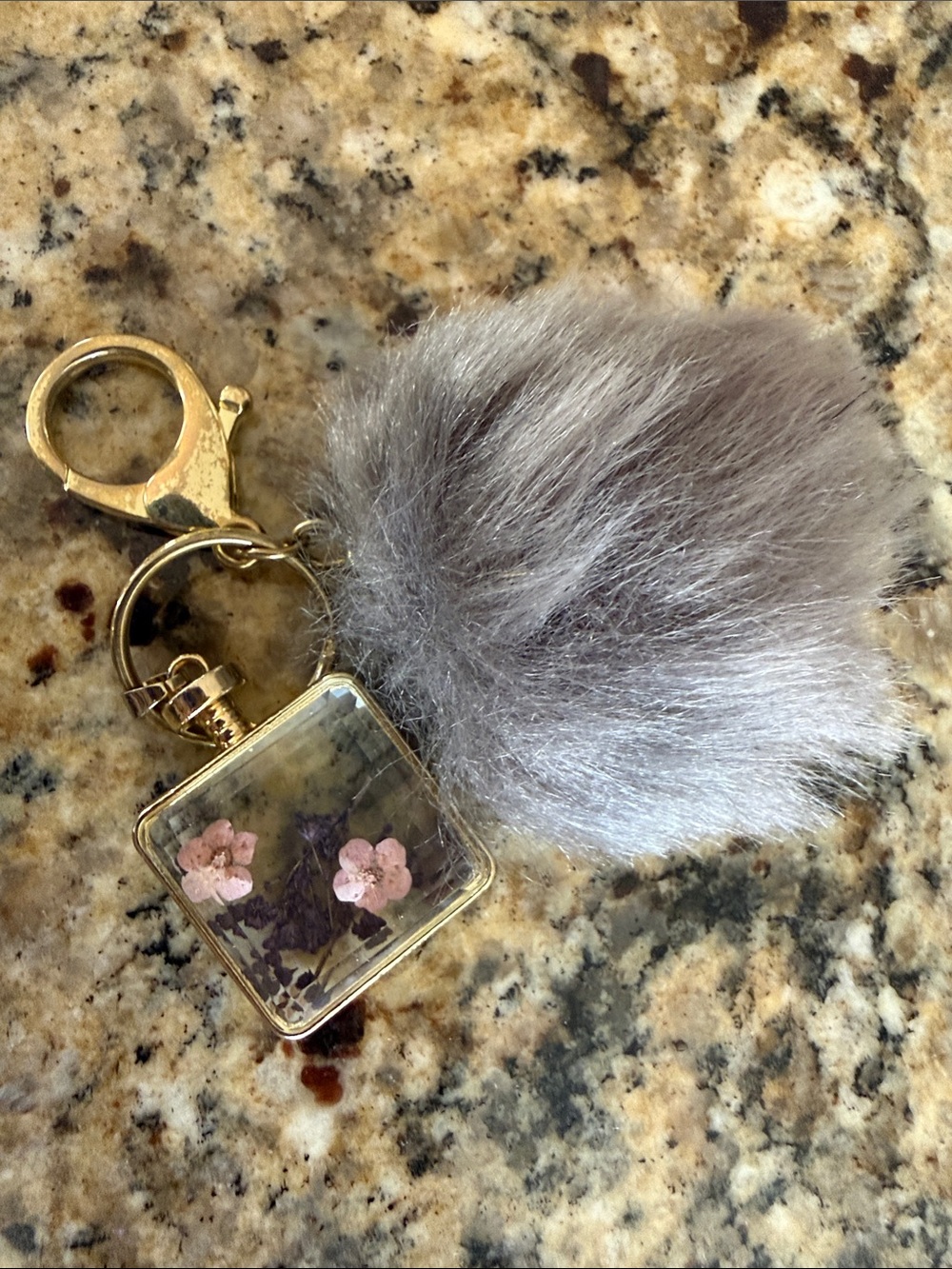 Gray Faux Fur Pom-Pom Keychain with Gold Hardware and Floral Bag Charm